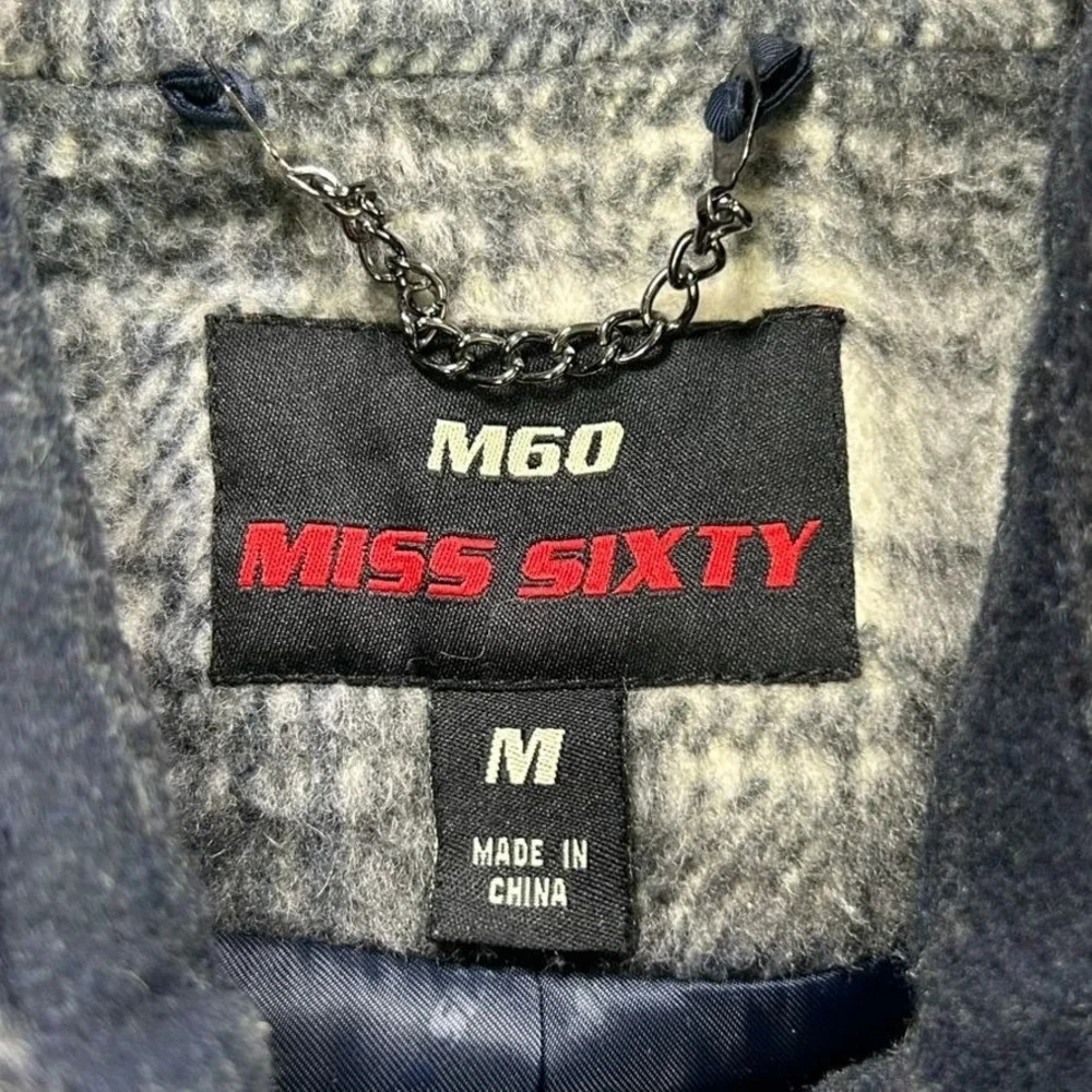 Miss Sixty Wool‎ Blend Plaid Belted Pea Coat Womens Medium Faux Leather Trim